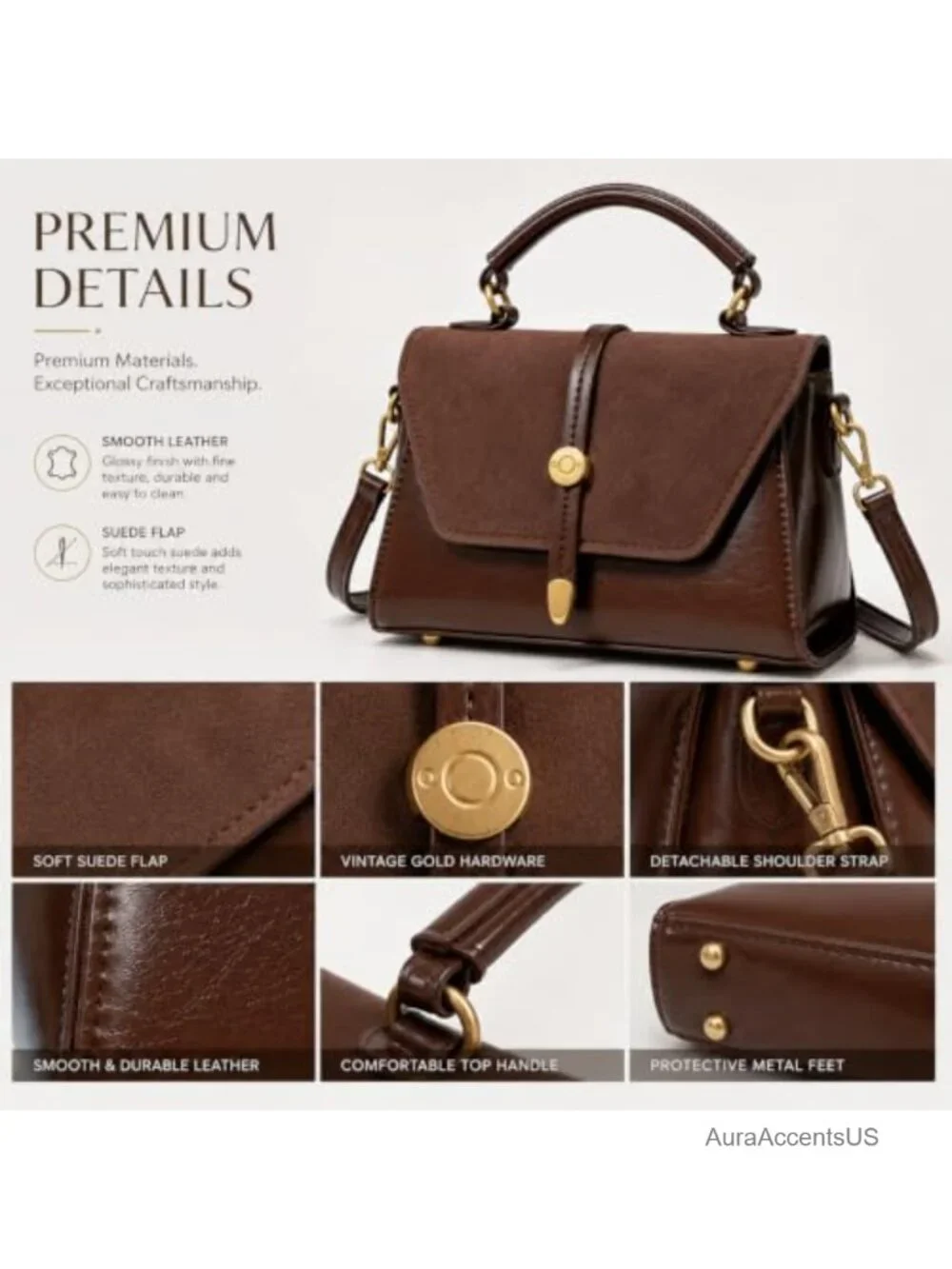 Faux Leather Crossbody Purse with Top Handle, Adjustable Strap, Small Satchel